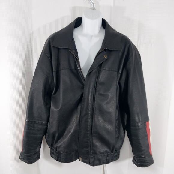 VINTAGE OSCAR PIEL! HOT BLACK GENUINE LEATHER, AMERICA BIKER/MOTO JACKET! SZ L - Picture 6 of 11